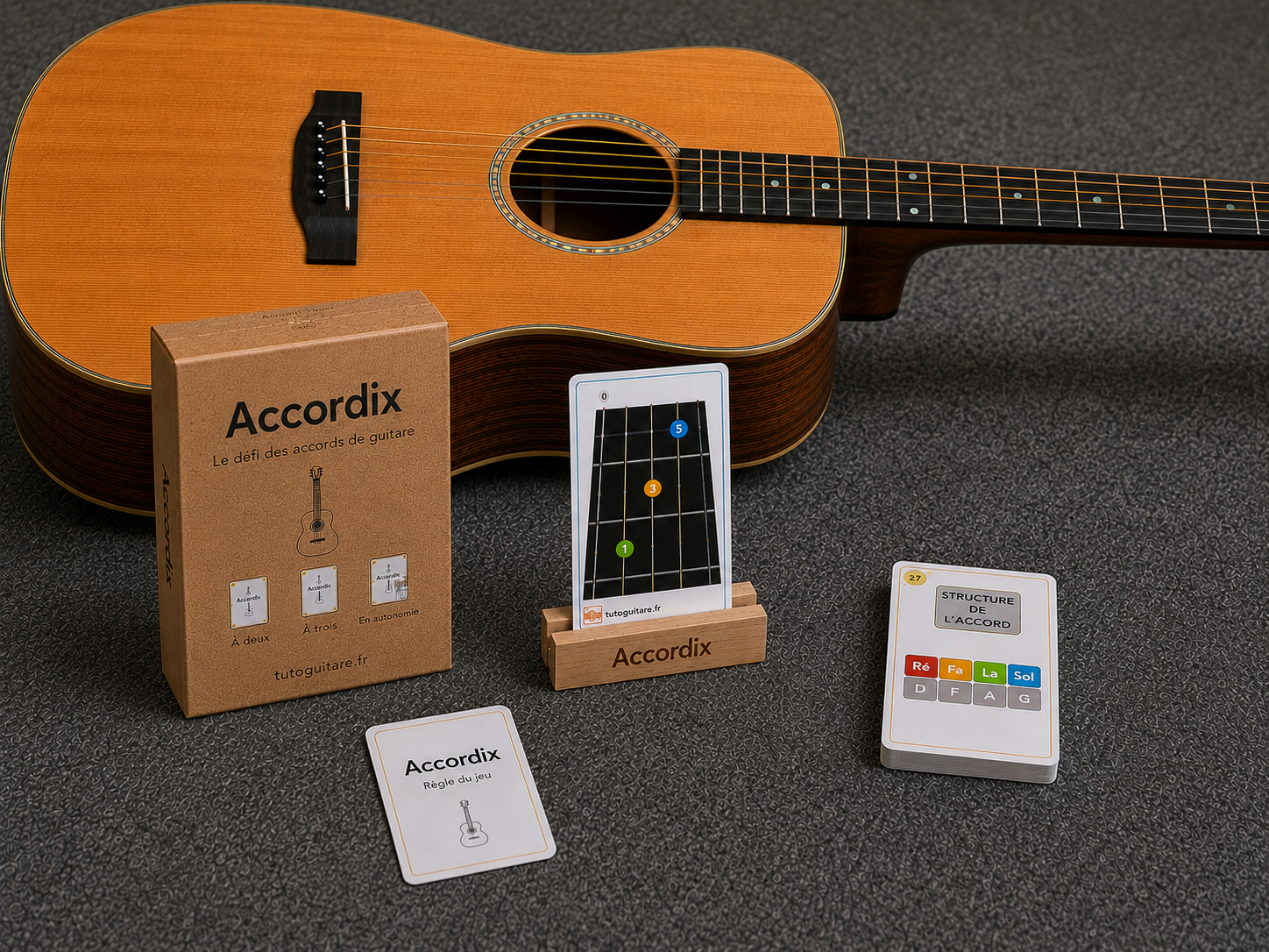 Accordix: Box, Karten und Halterung auf einer Gitarre